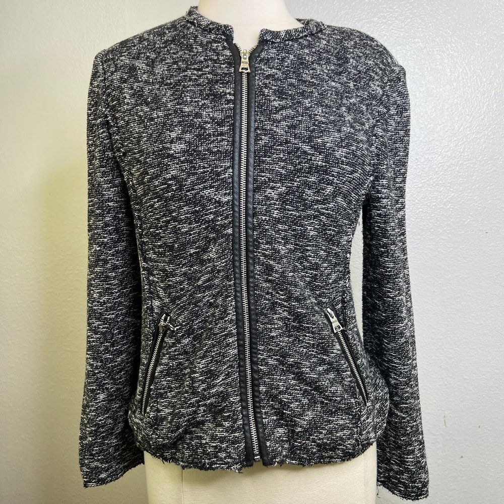 Rebecca Taylor Black‎ White Tweed Fringe Jacket Cotton Blend Boho Zippers Size 6